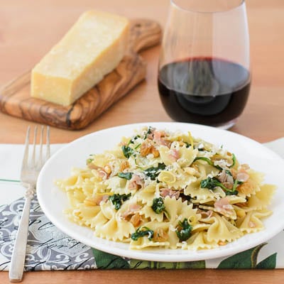 Farfalle Pasta with Prosciutto, Spinach, and Pine Nuts