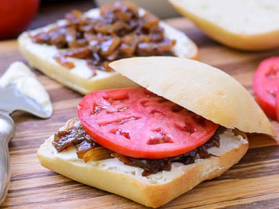 Caramelized Onion, Goat Cheese, and Tomato Sandwich for #SundaySupper