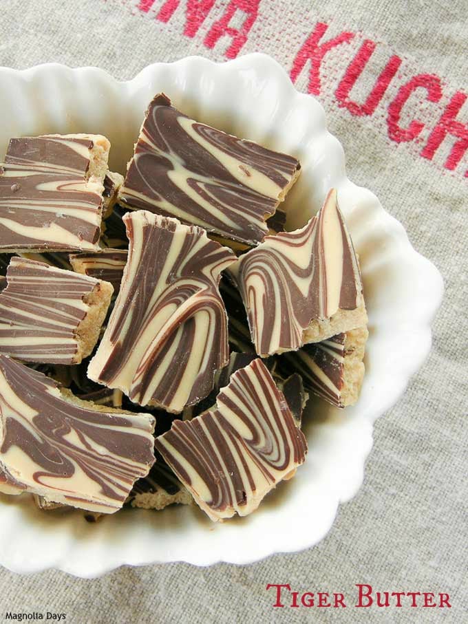 Tiger Butter Candy is a sweet treat made with only 3 ingredients: white chocolate, peanut butter, and semi-sweet chocolate. Make it to share or give as holiday gifts.
