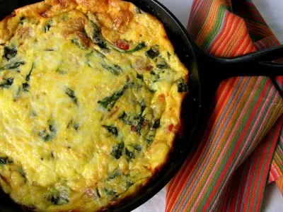 Chorizo Tomato Spinach Frittata in Cast Iron Skillet