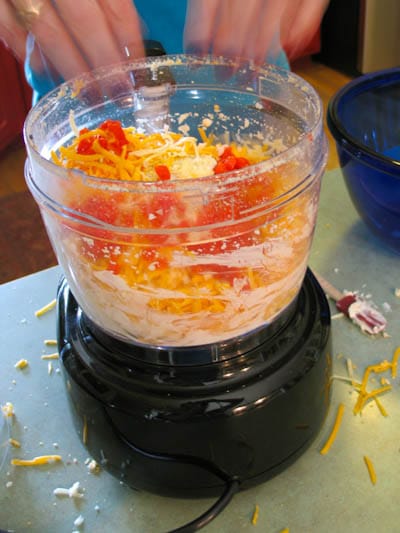 Ingredients for pimento cheese balls in the food processor