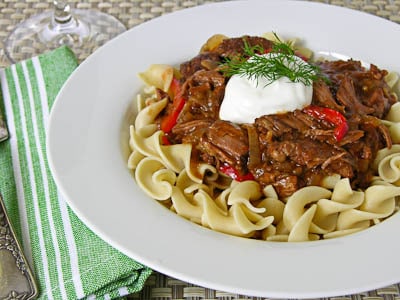 Crockpot slow cooker goulash over noodles