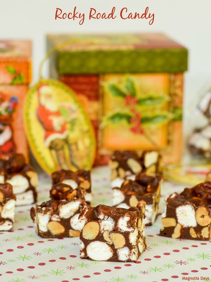 Rocky Road Candy is a sweet treat made with chocolate, marshmallows, and peanuts. Make it to give for homemade holiday gifts.