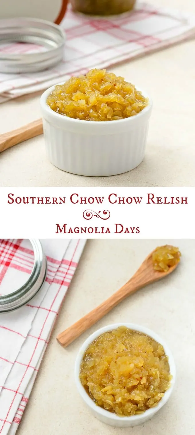 Chow Chow is a classic southern relish made with green tomatoes, onions, cabbage, and peppers. Make it and use it as a topping for seafood, beans, hot dogs, and more.
