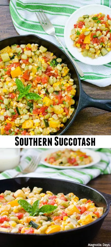 Succotash is a Southern mixed vegetable side dish made with corn, lima beans, tomatoes, zucchini, and onion. It is a great way to use summer vegetables.