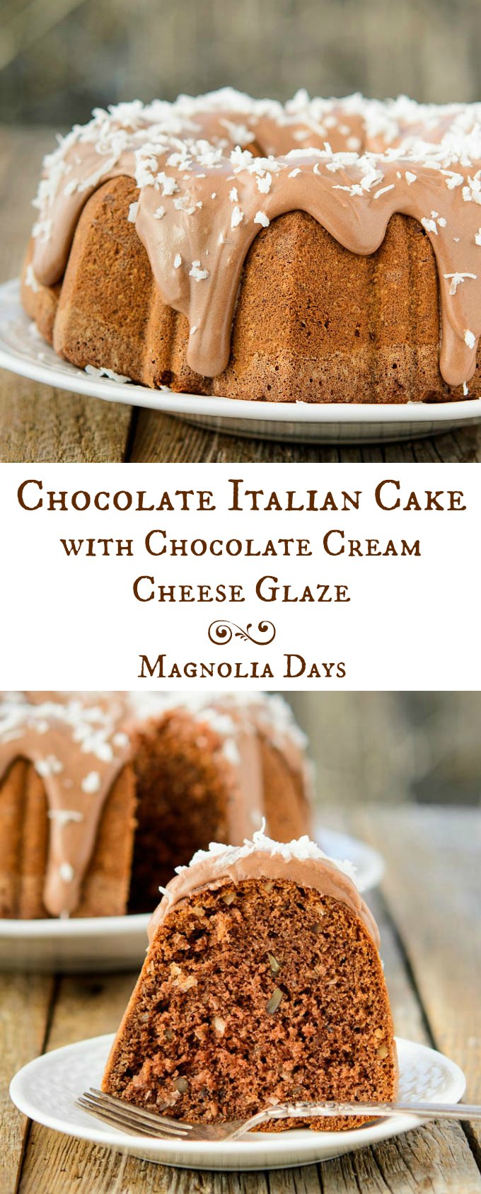 Chocolate Italian Cake with Chocolate Cream Cheese Glaze is German Chocolate Cake meets Italian Cream Cake in a most delicious way. And it's a bundt too!