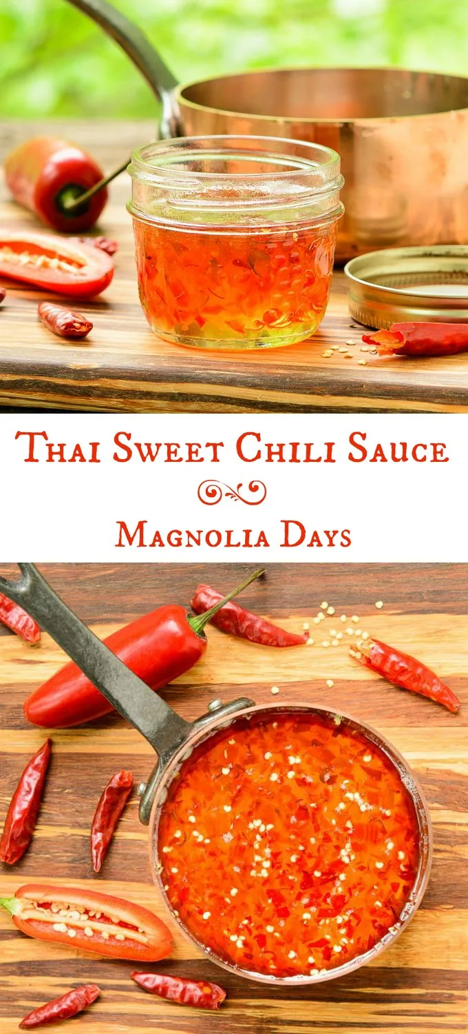 Thai Sweet Chili Sauce is thick, sweet, hot, sour, and spicy. It's a wonderful dip for egg rolls and vegetables or use it to baste grilled chicken, shrimp, and more.