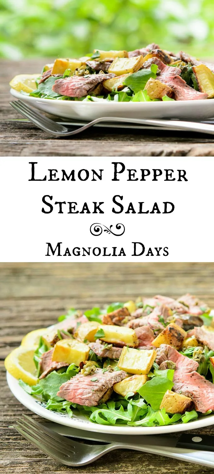 Lemon Pepper Steak Salad with roasted potatoes, capers, arugula, and lemon dressing. If you love lemon, steak, potatoes, and salad, this is the recipe to make.