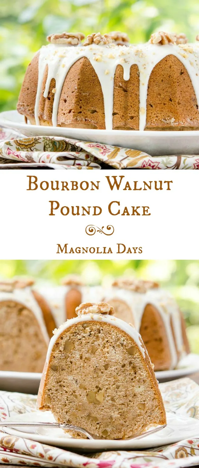 Bourbon Walnut Pound Cake is loaded with bourbon soaked walnuts, topped with bourbon glaze, and sprinkled with toasted chopped walnuts.