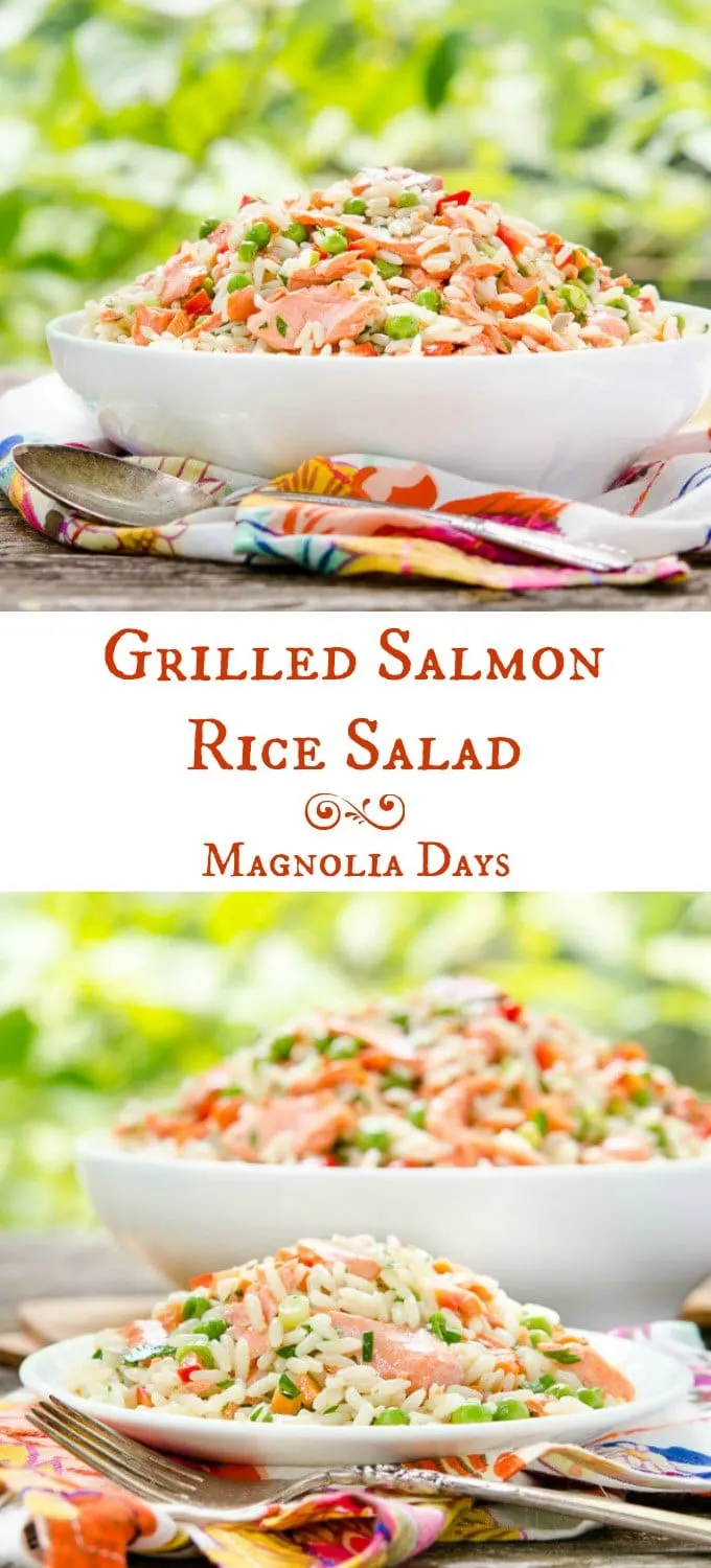 Grilled Salmon Rice Salad is a wonderful make-ahead dish for entertaining. It's loaded with vegetables and has a lemony white wine dressing.