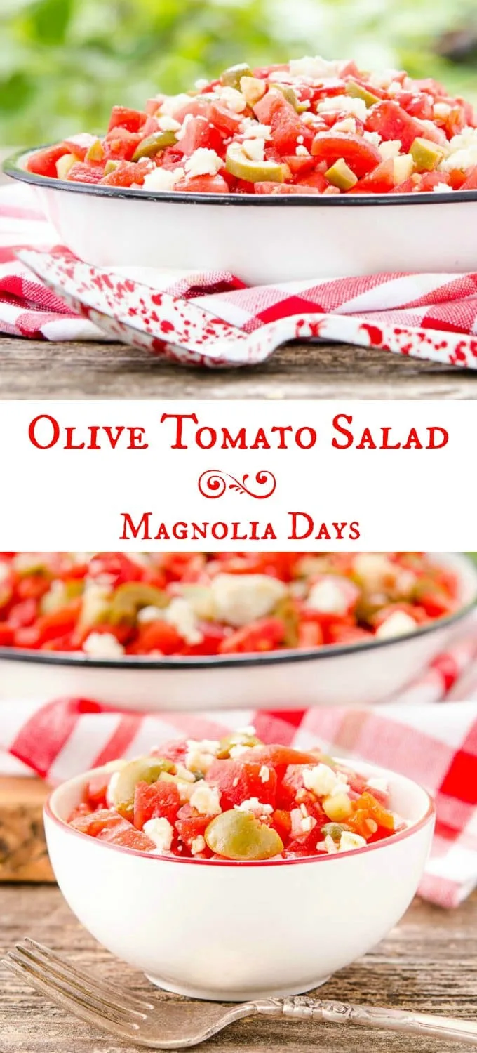 Olive Tomato Salad is wonderful for summer entertaining. Garden-fresh tomatoes and cucumber are mixed with olives, feta cheese, shallot, and tossed with a light oil and vinegar dressing.