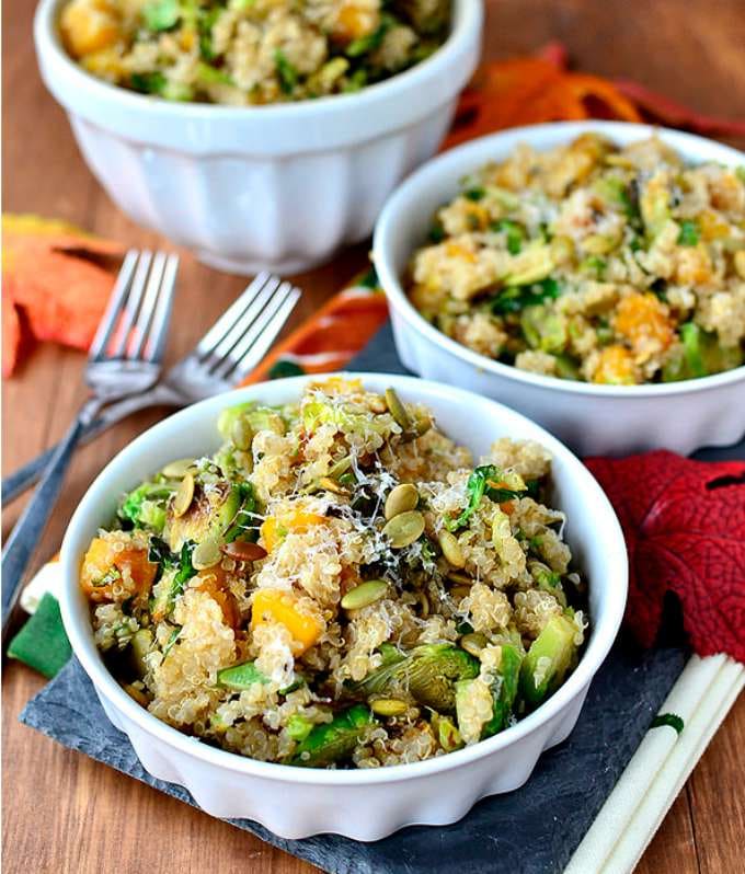 Quinoa with Caramelized Butternut Squash and Roasted Brussels Sprouts by Iowa Girl Eats