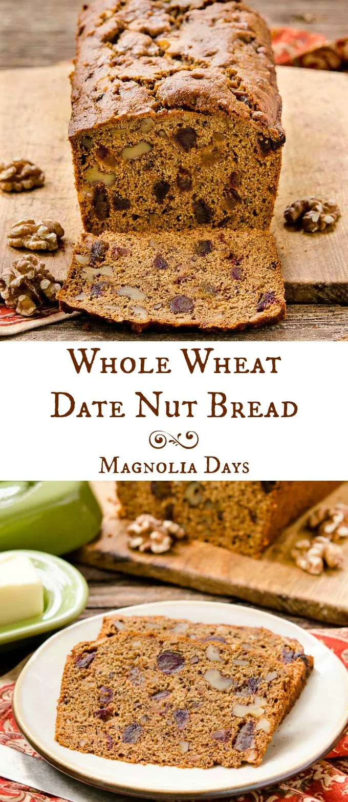 Whole Wheat Date Nut Bread is an old-fashioned quick bread loaded with chopped dates and walnuts. Serve it with butter or cream cheese for a real treat.