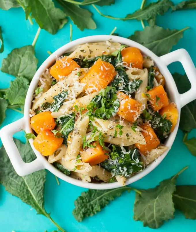 Pesto Penne with Roasted Butternut Squash and Kale by Peas & Crayons