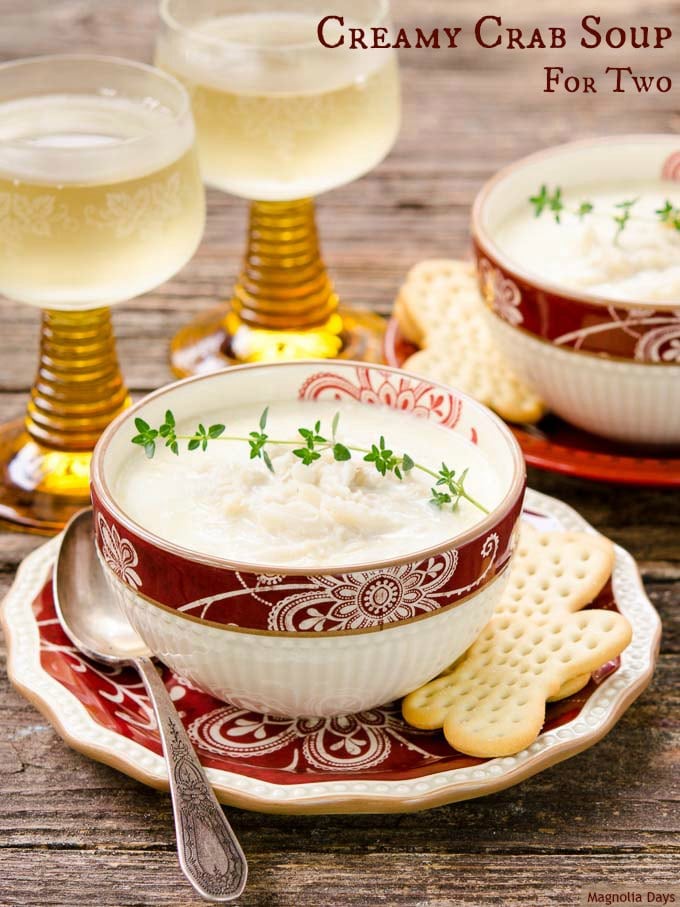 Creamy Crab Soup for two is a rich and decadent treat. Make it as a first course of a special occasion meal or simply serve it with salad or in a bread bowl.