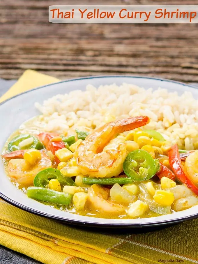 Thai Yellow Curry Shrimp is healthy comfort food. It is bursting with flavor, loaded with shrimp and vegetables, plus quick and easy to make.