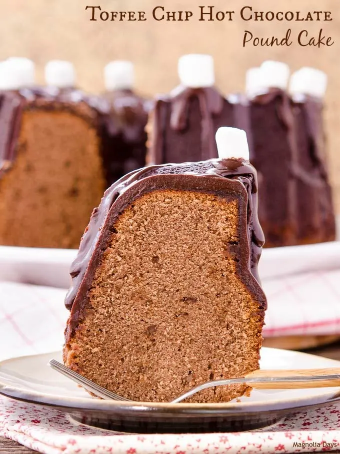 Toffee Chip Hot Chocolate Pound Cake is a special treat for a festive occasion. It's made with cocoa, sugar, and milk just like the beverage.