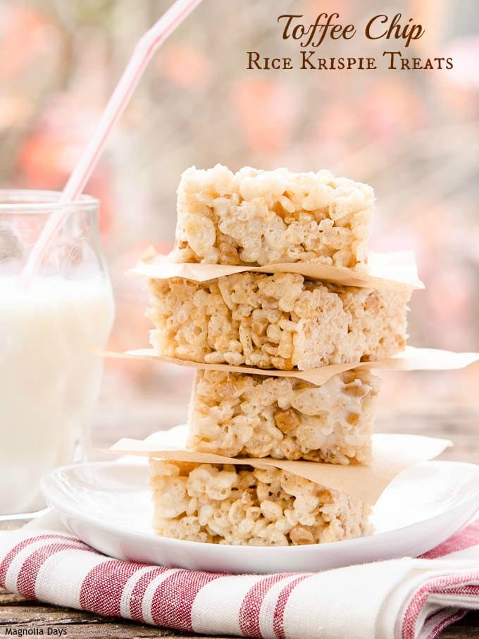 Toffee Chip Rice Krispie Treats are a delightful twist to a classic treat. Only 4 ingredients and a few minutes are needed to make this easy recipe.