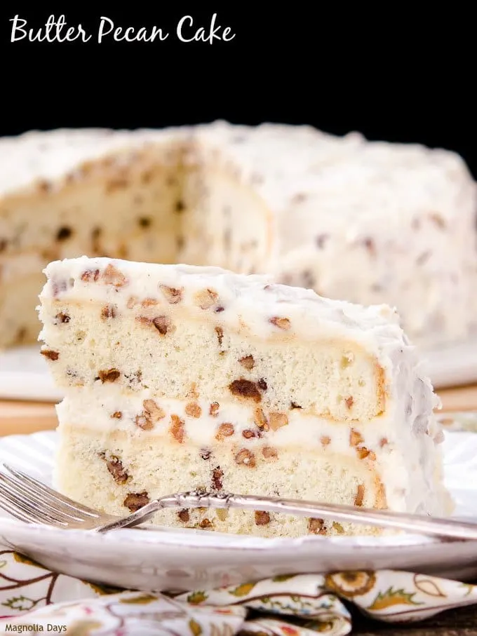 Butter Pecan Cake is a rich vanilla layer cake loaded with buttered pecans and covered in buttercream frosting.