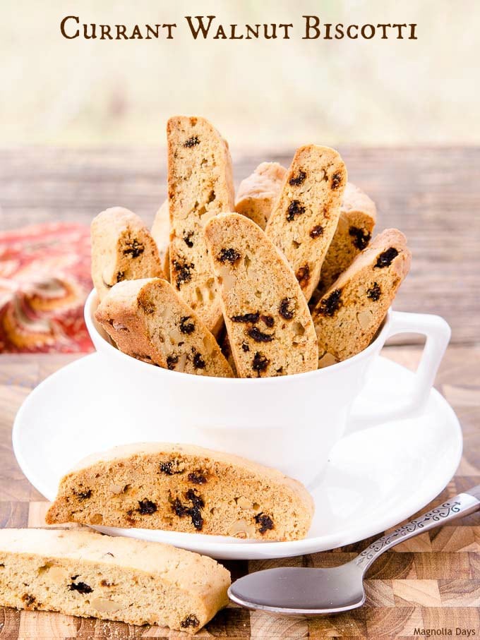 Currant Walnut Biscotti is a crunchy, slightly sweet treat loaded with dried currants and walnuts. It is fantasic with coffee or tea.