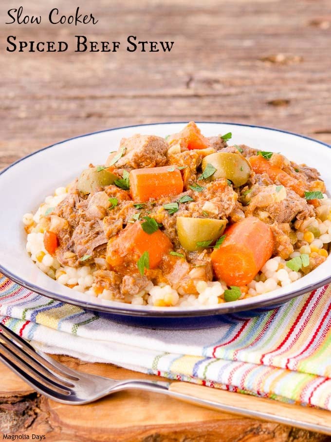Slow Cooker Spiced Beef Stew with carrots, onion, olives, and garlic plus a flavorful mix of spices. Serve it over couscous (or rice for gluten-free option).