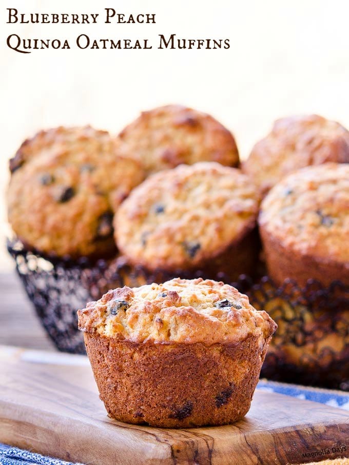 Blueberry Peach Quinoa Oatmeal Muffins are dense, moist, and loaded with blueberries and peaches. They are a great gluten-free breakfast or snack.