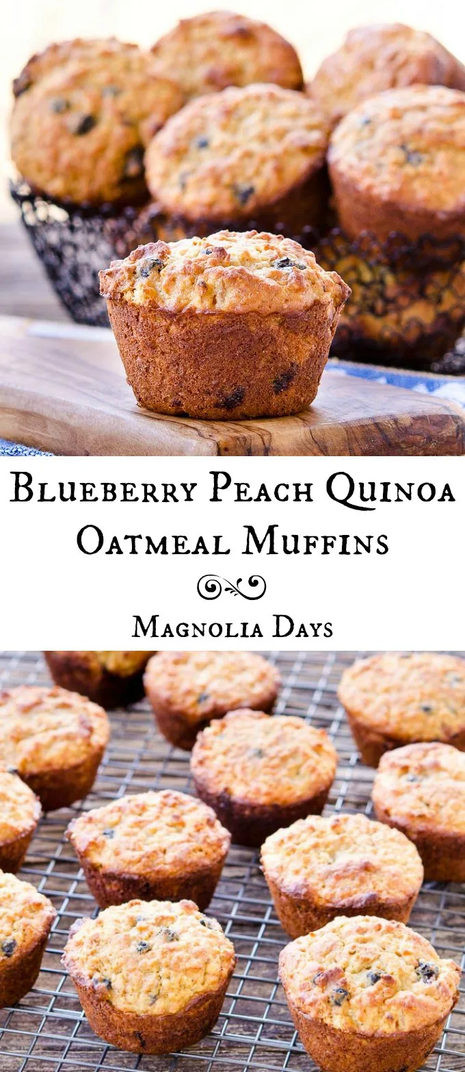 Blueberry Peach Quinoa Oatmeal Muffins are dense, moist, and loaded with blueberries and peaches. A great gluten-free breakfast or snack.