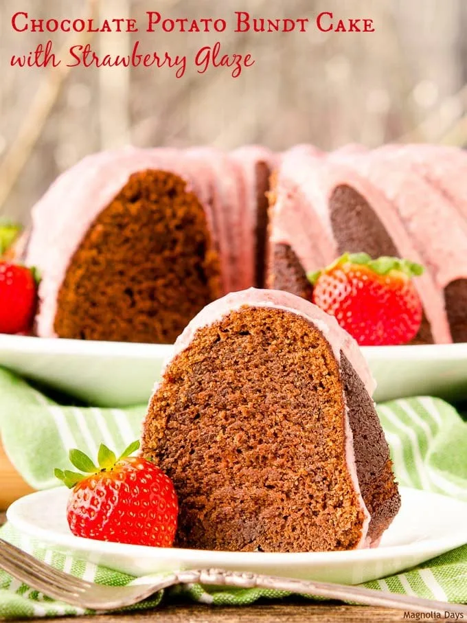 Chocolate Potato Bundt Cake with Strawberry Glaze is a delightful dessert for any occasion. Potato is the secret to it being moist.