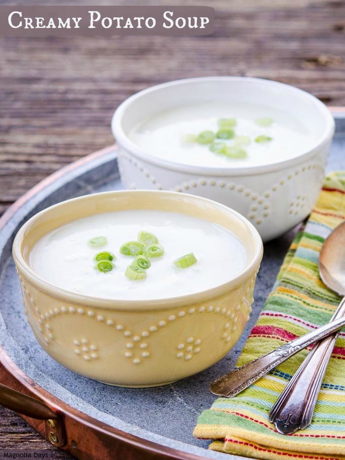 Creamy Potato Soup is an easy small batch recipe (for two or three). It's comforting and lightly flavored with green onion and celery.