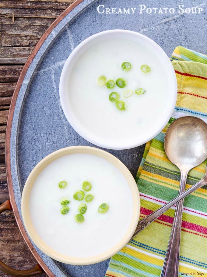 Creamy Potato Soup is an easy small batch recipe (for two or three). It's comforting and lightly flavored with green onion and celery.