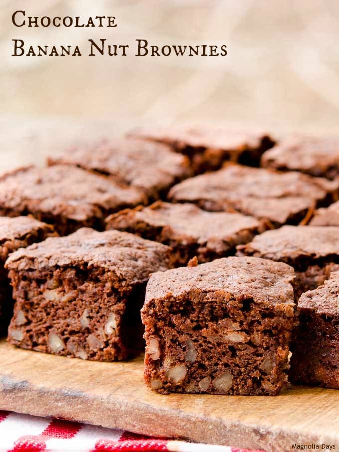 Chocolate Banana Nut Brownies are delightfully moist, crumbly, rich, and nutty. Bake them to enjoy for a snack or lunch box treat.