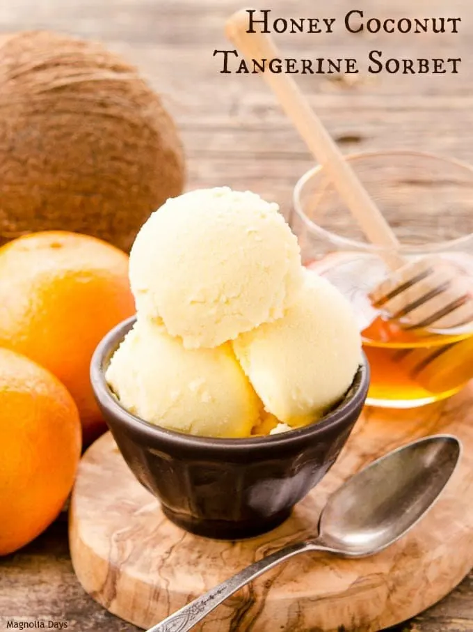 Honey Coconut Tangerine Sorbet is a creamy and snow-like frozen treat with tropical and citrus flavors. It's dairy-free too.