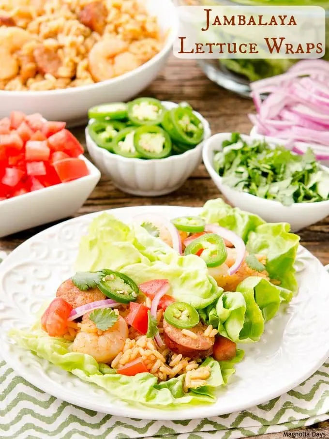 Jambalaya Lettuce Wraps are a fun and tasty way to enjoy Jambalaya. Build your own with assorted vegetable and herb toppings.