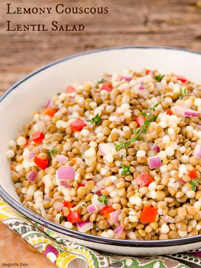 Lemony Couscous Lentil Salad has bell pepper, red onion, fresh thyme, and tossed with tangy lemon dressing. It goes splendidly with ham.