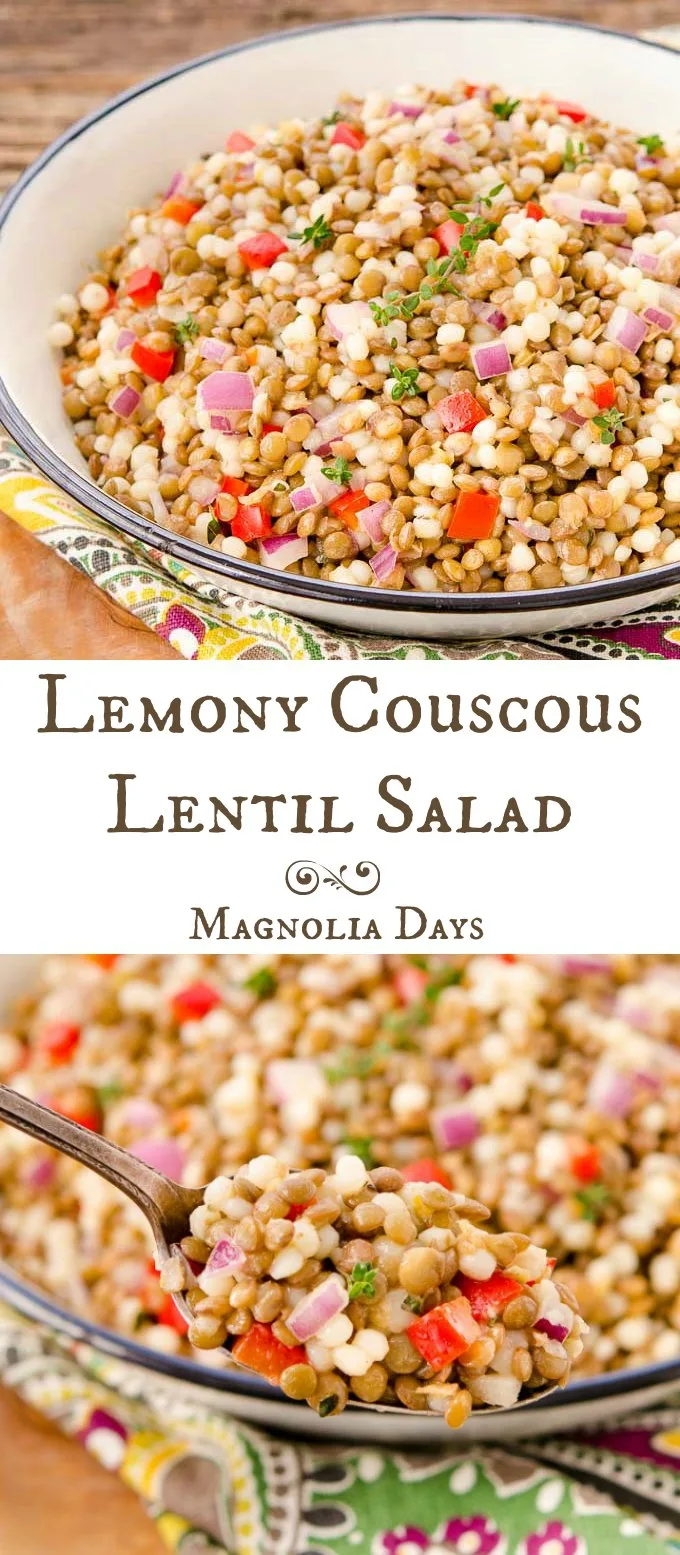 Lemony Couscous Lentil Salad has bell pepper, red onion, fresh thyme, and tossed with tangy lemon dressing. It goes splendidly with ham.
