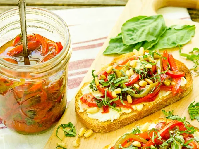 Marinated Basil and Garlic Peppers on Goat Cheese Tartines | Magnolia Days