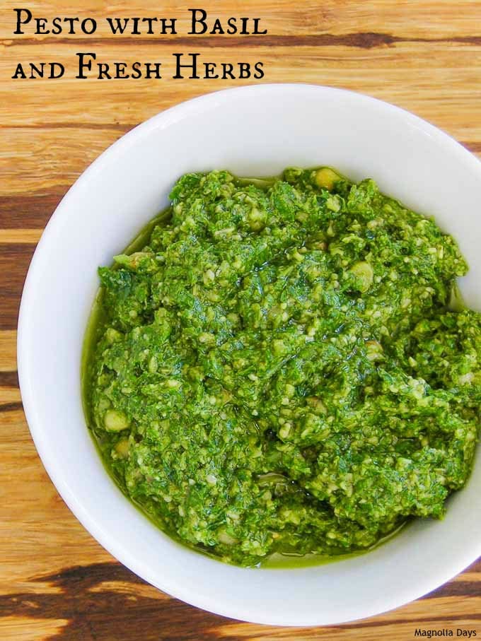 Pesto with Basil and Fresh Herbs is a spin on the traditional. It's a versatile sauce for pasta, sandwiches, wraps, and vegetables.