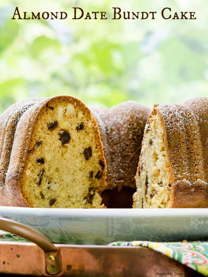 Almond Date Bundt Cake is lightly spiced with cinnamon, cardamom, and nutmeg. It's a moist cake with the sweetness of dates and crunch of almonds.