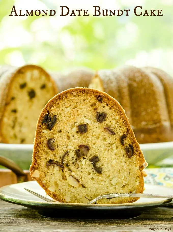 Almond Date Bundt Cake is lightly spiced with cinnamon, cardamom, and nutmeg. It's a moist cake with the sweetness of dates and crunch of almonds.