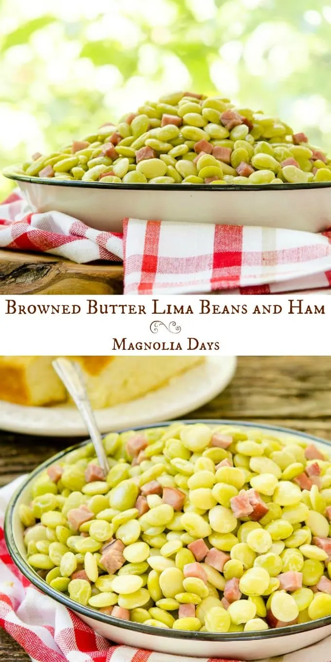 Browned Butter Lima Beans and Ham is an easy to make classic southern dish served as a side or entree. It's great for family gatherings or potlucks.