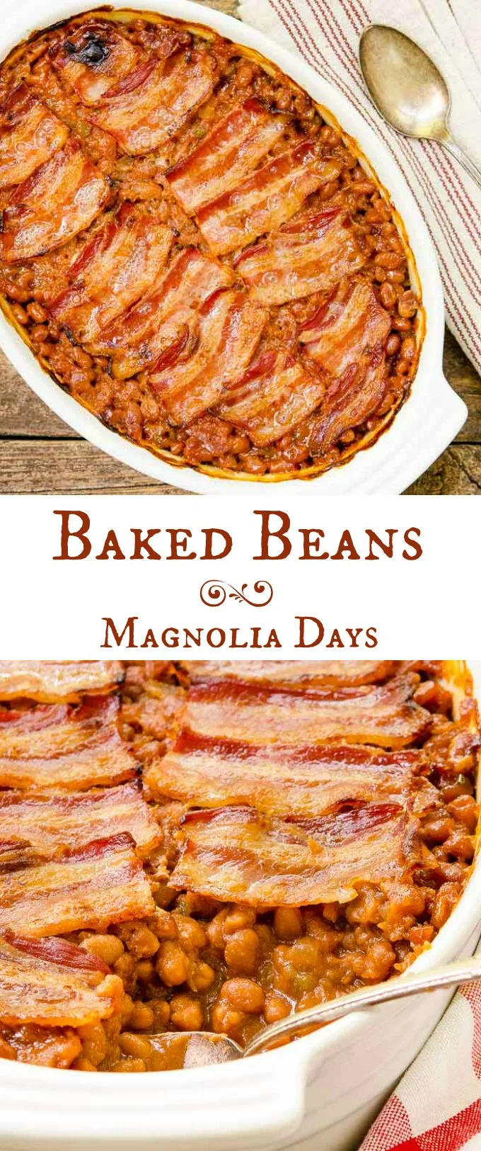 Baked Beans with bacon is a classic side dish popular at summer barbecues and potlucks. Serve it with burgers, ham, chicken, and BBQ pork.