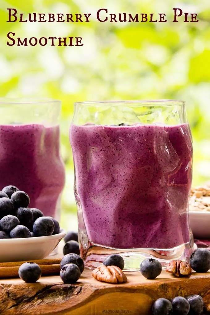 Blueberry Crumble Pie Smoothie has all the flavors of a classic pie in a glass. Blueberries, Greek yogurt, oats, and pecans make it a healthy tasty treat.