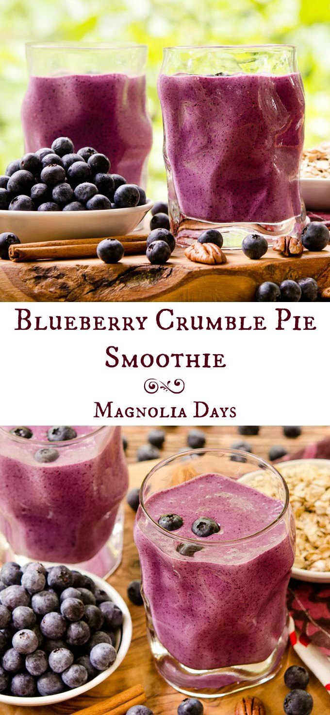 Blueberry Crumble Pie Smoothie has all the flavors of a classic pie in a glass. Blueberries, Greek yogurt, oats, and pecans make it a healthy tasty treat.