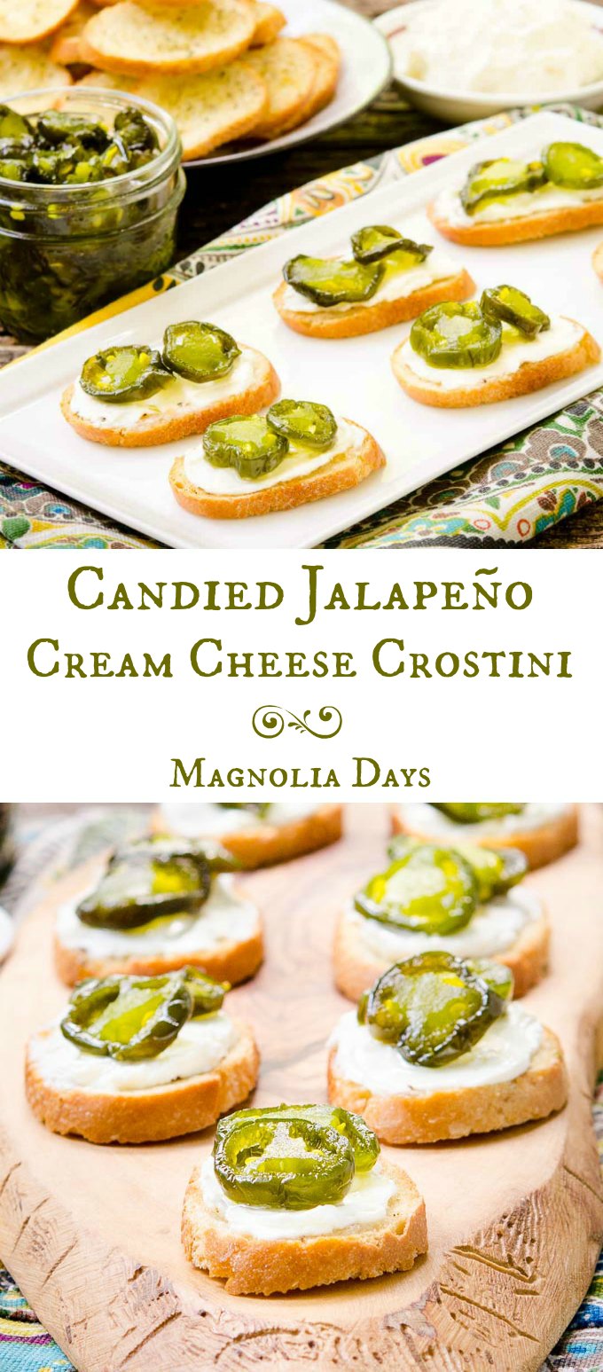 Candied Jalapeño Cream Cheese Crostini is a fantastic appetizer for your next party. It's crunchy, creamy, hot, sweet, and totally tasty.