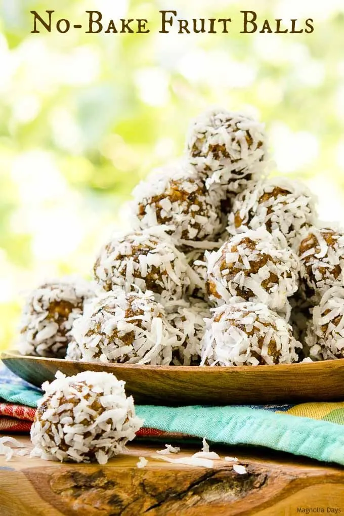 No-Bake Fruit Balls are a chewy snack with natural sweetness from fruit and honey. Almonds are on the inside and coconut on the outside.