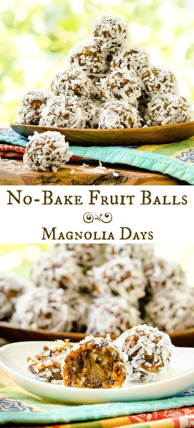 No-Bake Fruit Balls are a chewy snack with natural sweetness from fruit and honey. Almonds are on the inside and coconut on the outside.