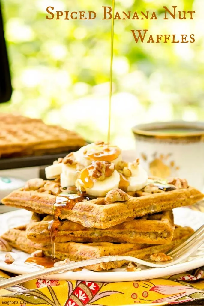 Spiced Banana Nut Waffles are flavored with warm spices, pecans, and sweetened with molasses. Top with bananas, pecans, and syrup for a delightful breakfast.