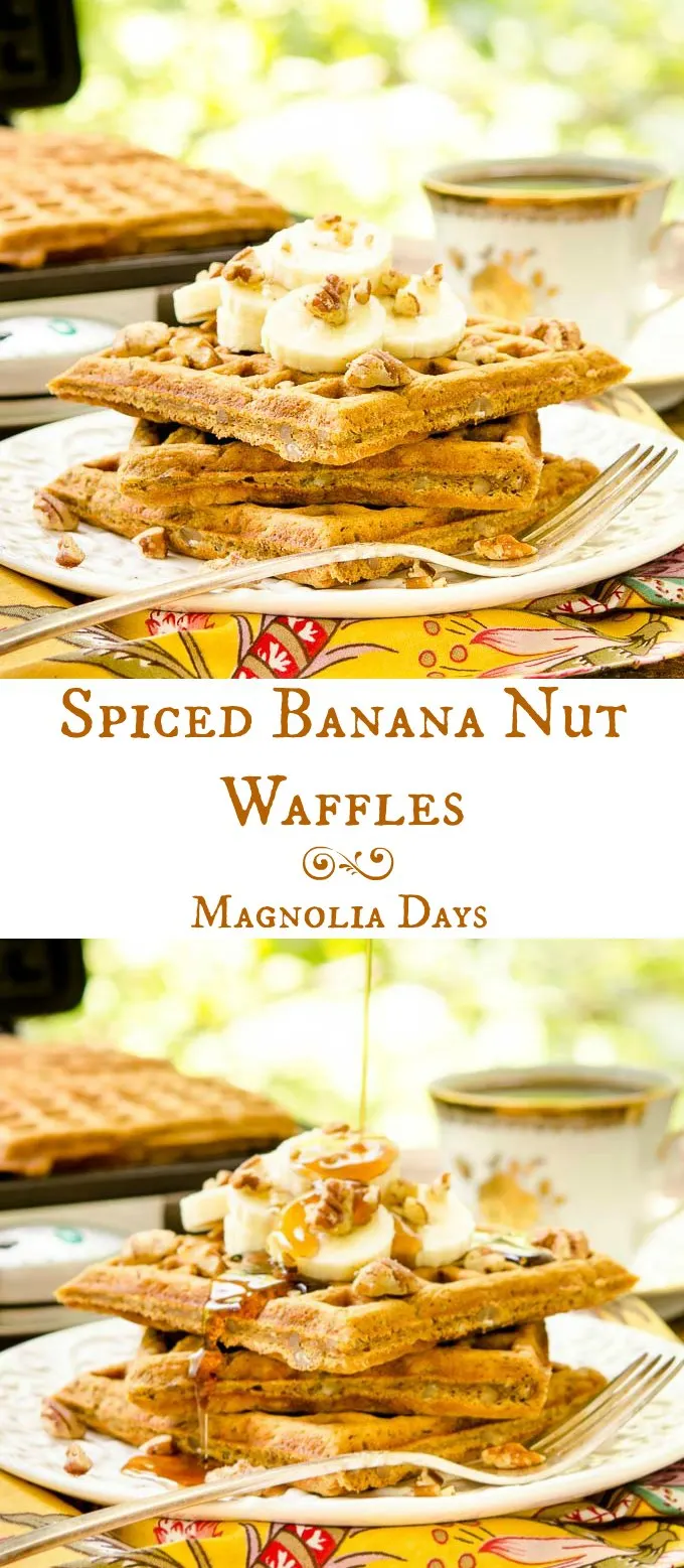 Spiced Banana Nut Waffles are flavored with warm spices, pecans, and sweetened with molasses. Top with bananas, pecans, and syrup for a delightful breakfast.