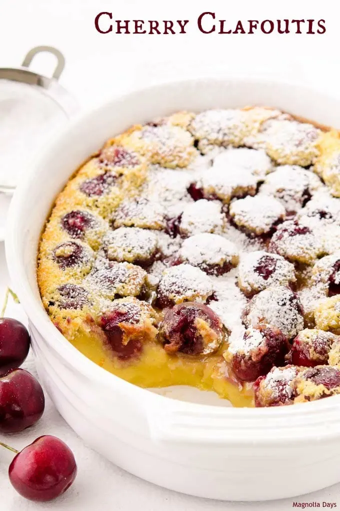 Cherry Clafoutis (aka Clafouti) is a classic rustic French baked custard. It's a delightful and simple dessert made with fresh cherries.