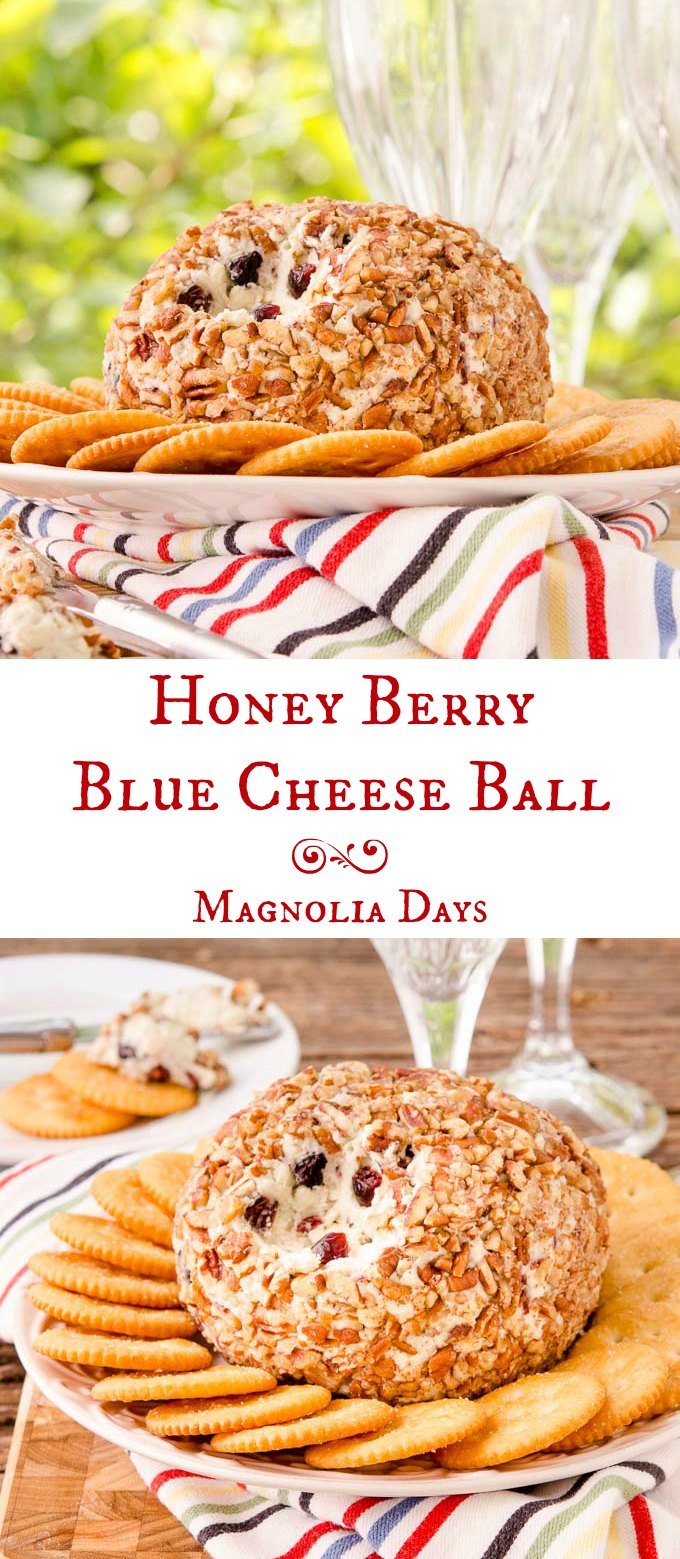 Honey Berry Blue Cheese Ball has all the elements of a cheese tray rolled into a ball. Blue cheese, cream cheese, honey, berries, and nuts are in this tasty appetizer.
